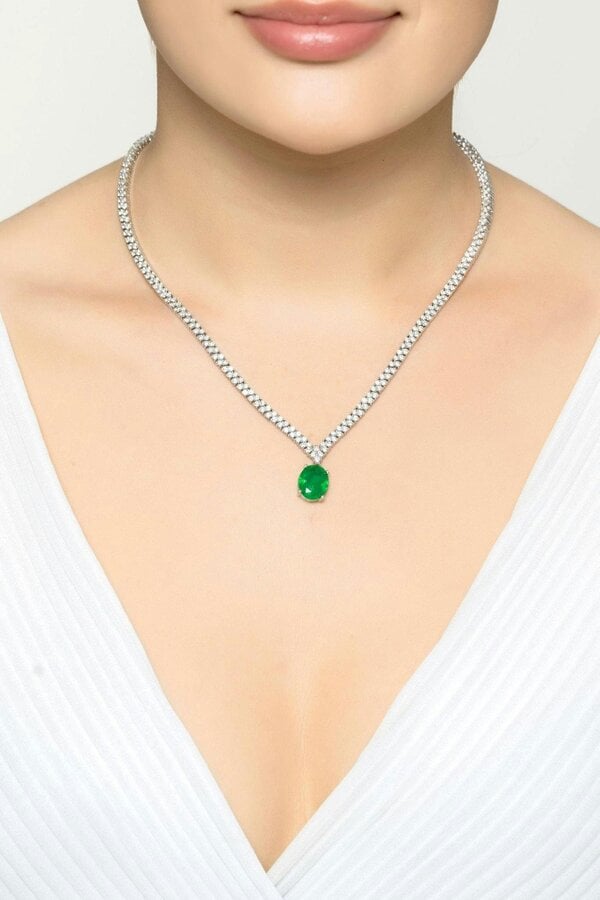 Latelita Garbo Oval Gemstone Tennis Necklace Emerald Silver