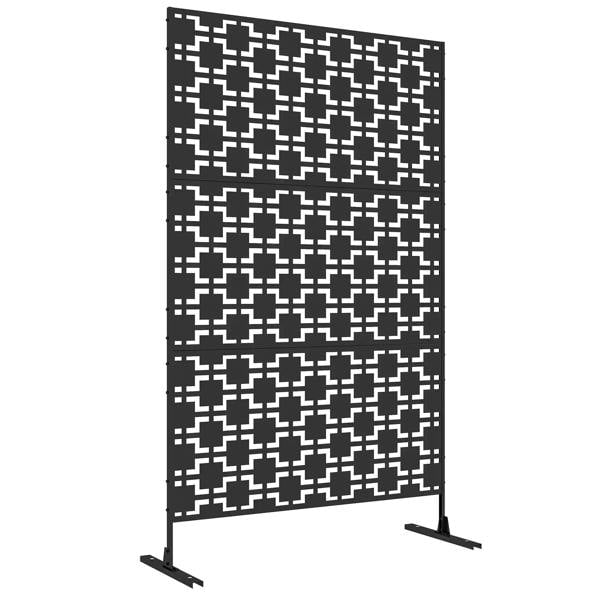Black metal privacy screen divider with geometric grid cutouts for outdoor privacy