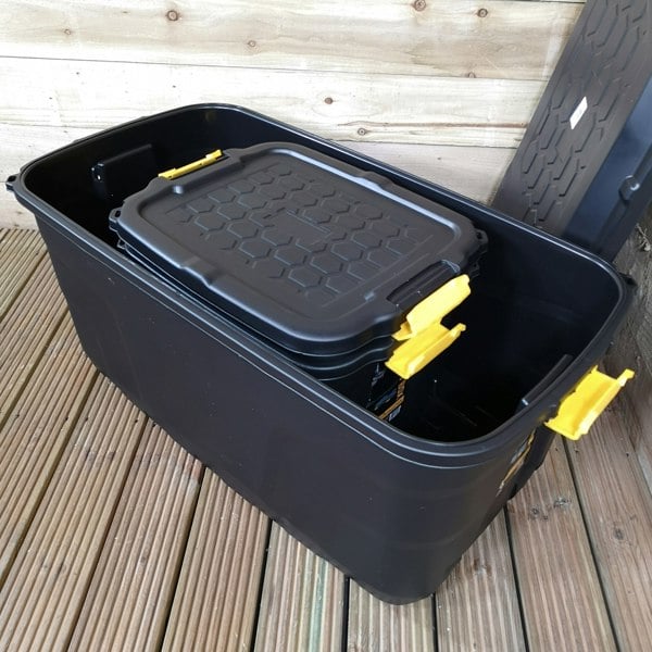 Samuel Alexander 1 x 145L AND 2 x 60L Heavy Duty Trunks 1 on Wheels Sturdy, Lockable, Stackable and Nestable Design Storage Chest with Clips in Black