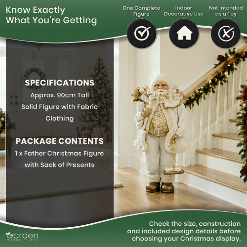Standing Father Christmas Figure with Sack of Presents, White Santa Style Decoration, Free Standing Festive Ornament, 90cm Tall