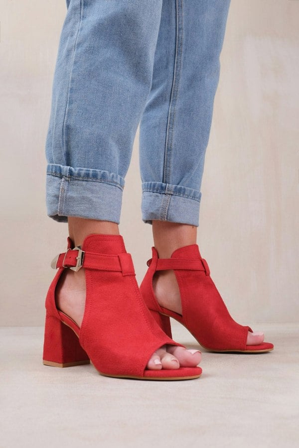 Where's That From Lisa Block Heel With Side Buckle and Open Toe Front in Rouge Red Suede