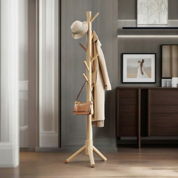 Rafaelo Mobilia Wooden Coat Stand Stand With 8 Hooks Natural Brown