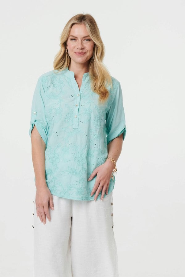 Green | Broderie Anglaise Button Front Blouse
