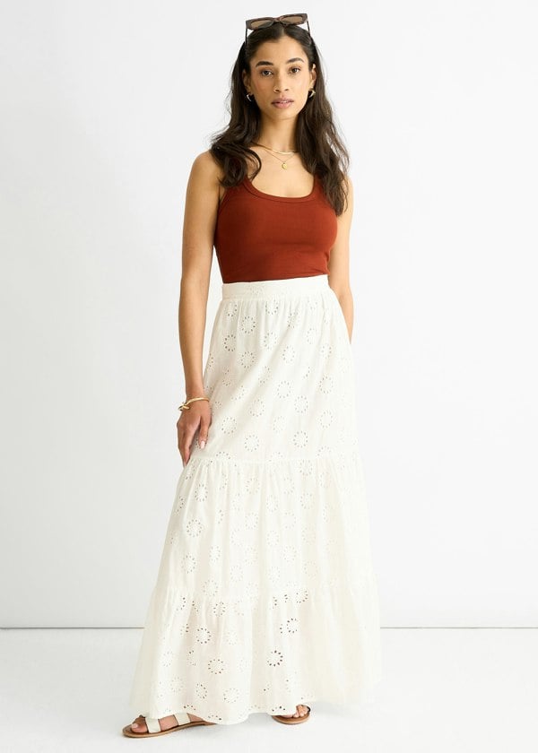 Gini London White Tiered Lace Embroidered Long Skirt