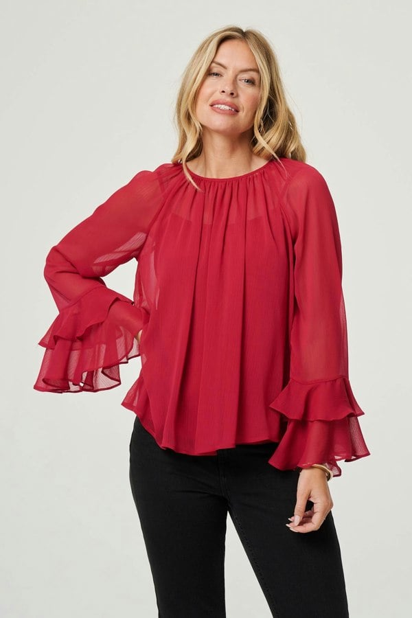 Red | Semi Sheer Long Sleeve Ruffled Blouse
