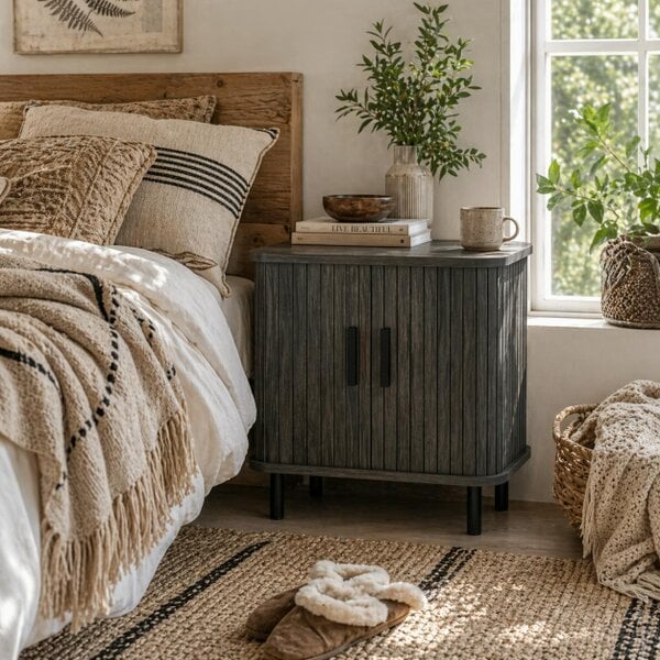 Wyld Haus Pasaba Grey Nordic Bedside Table With Tambour Sliding Door And Metal Legs
