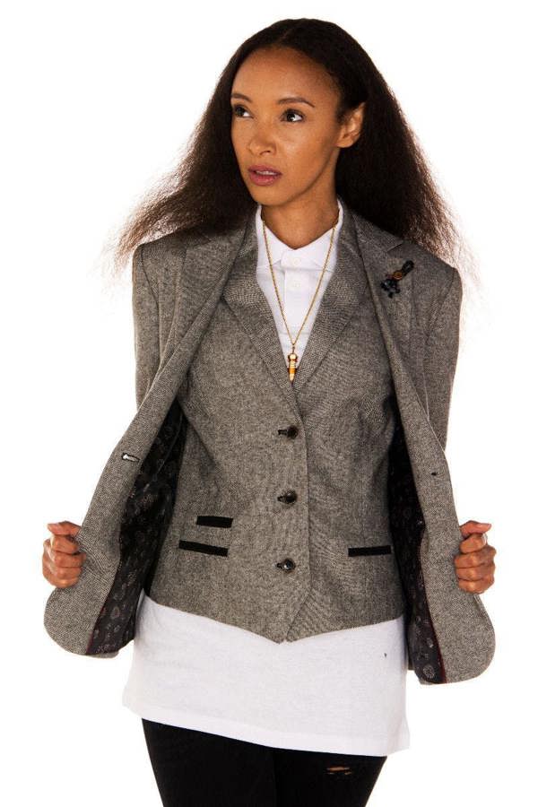 TruClothing Womens Tweed 1920s Herringbone Light Grey Blazer