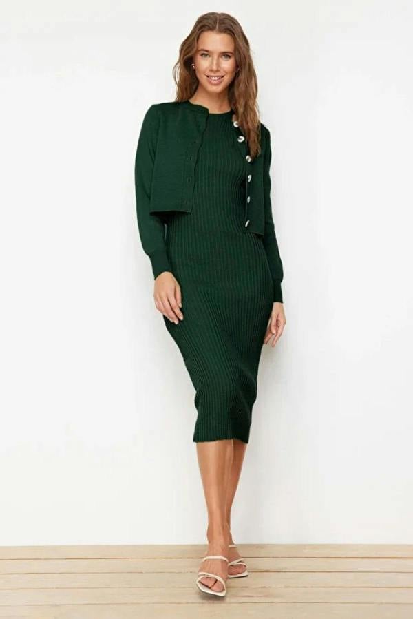 Hoxton Gal 2-Piece Midi Knit Basic Dress with Cardigan