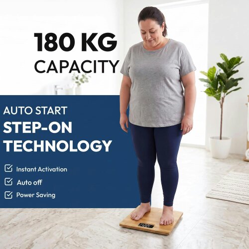 Purefit Digital Bathroom Scale for Measuring Body Weight - Bamboo Ultra Slim, Smart Scale with LED Display-Battery Included LB/KG/ST Max Weight 180KG