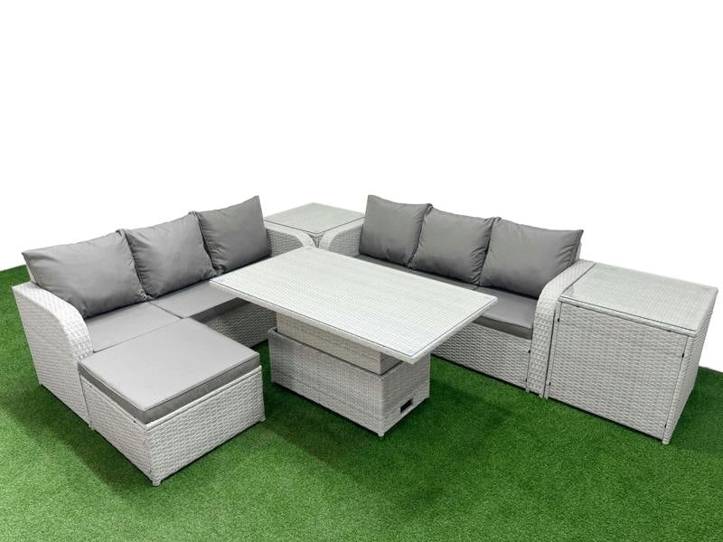 Fimous 7 Seater Wicker Lounge Set, Rattan Garden Furniture, Adj Height Table, High Back Sofa, Big Footstool and 2 Side Tables, Light Grey