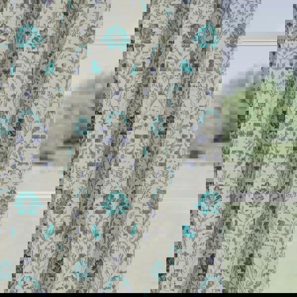 Enhanced Living Blue 100% Blackout Floral Thermal Pair of Curtains Tape Top Header Curtains for Living Rooms and Bedrooms