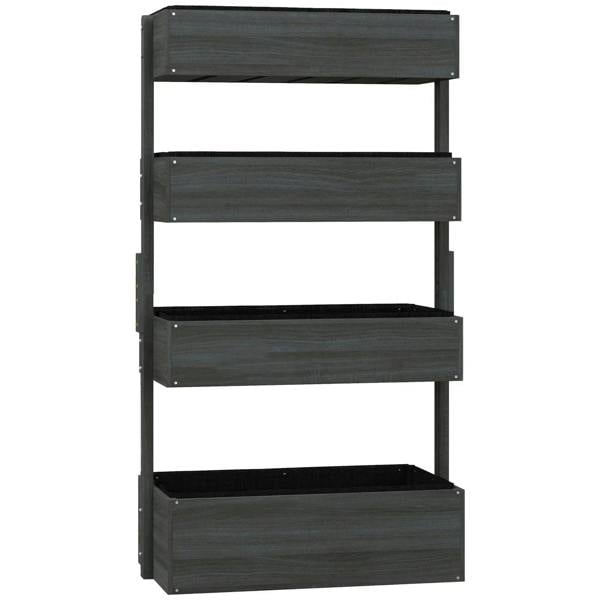Four-tier wooden plant stand, dark grey slatted shelves for potted plants