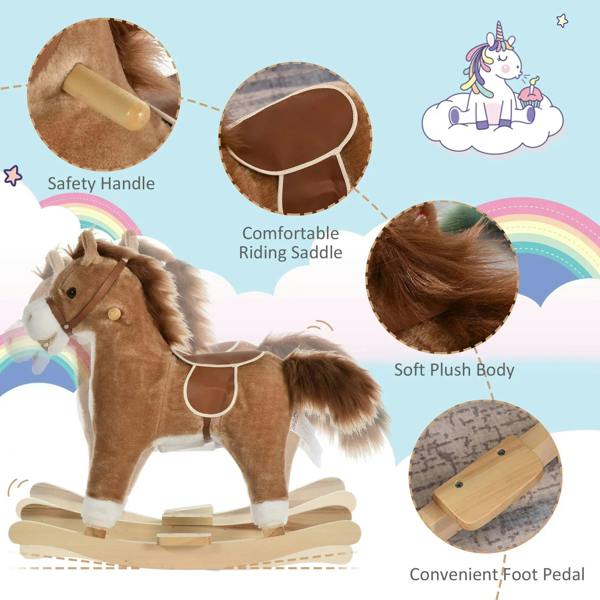 Kids brown plush rocking horse with padded saddle, safety handle, wooden rocker base, side view