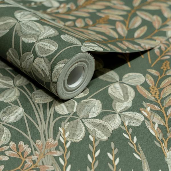 Grandeco Inia Stitched Embroidery Foliage Textured Wallpaper, Deep Sage