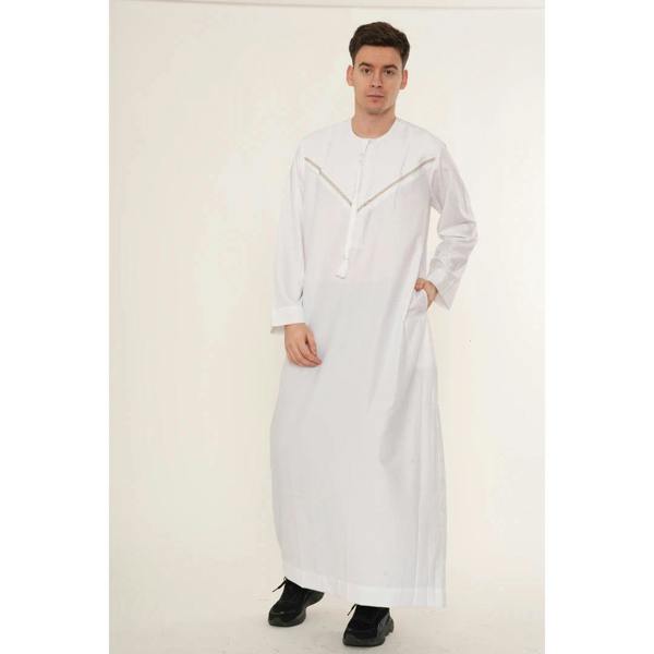 HM10 - Men's Emirati Omani Zipped Embroidery Thobe - White - Thobez - 6