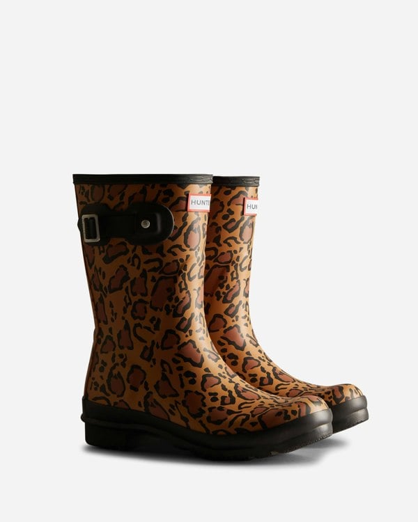 Hunter Womens Original Short Leopard Print Boot - Rich Tan/Saddle/Black