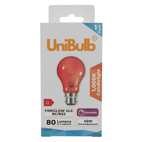 UniBulb B22 Fireglow Red Bulb 390lm 40W - Pack of 2 front