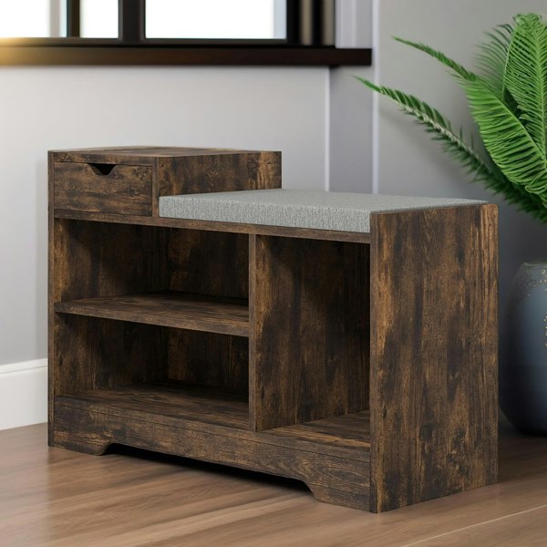 Rafaelo Mobilia Industrial Shoe Storage Bench With 3 Open Shelves Rustic Brown