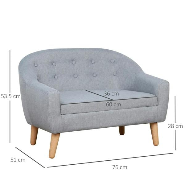 Grey kids armchair sofa with 2-seat shape and wooden legs, shown with measurements