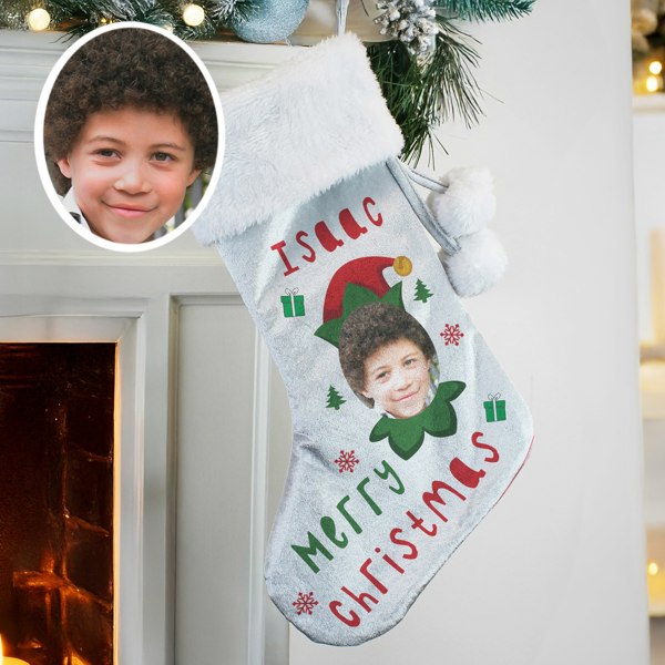 Personalised Memento Company Personalised Photo Upload Elf Christmas Stocking