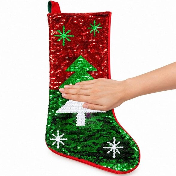 Shatchi 45cm Reversible Sequin Christmas Stocking Sack, Multicolour Tree Shape Festive Gift Bag