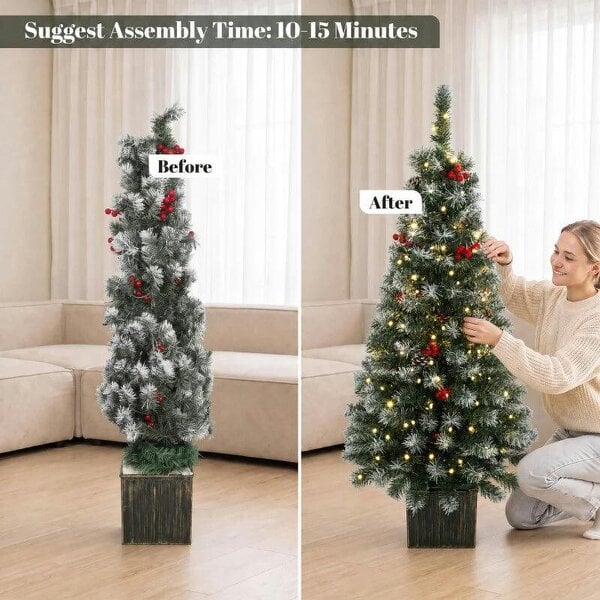 Bobobiy 4ft Pre-Lit Slim Artificial Christmas Tree Set of 2, with 100 Dual-Colour LED Lights, 140 Frosted Branch Tips