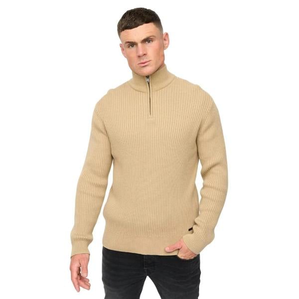 Crosshatch Mens Havaline Knitted Quarter Zip Pullover - Stone - 