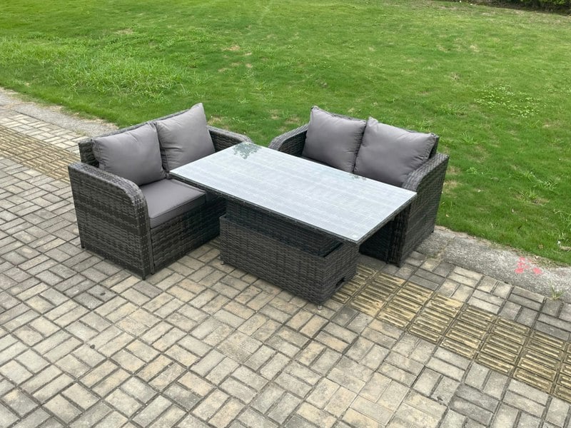 Fimous Outdoor Rattan Furniture Garden Dining Set Height Adjustable Rising lifting Table With Love Sofa Dark Grey Mixed