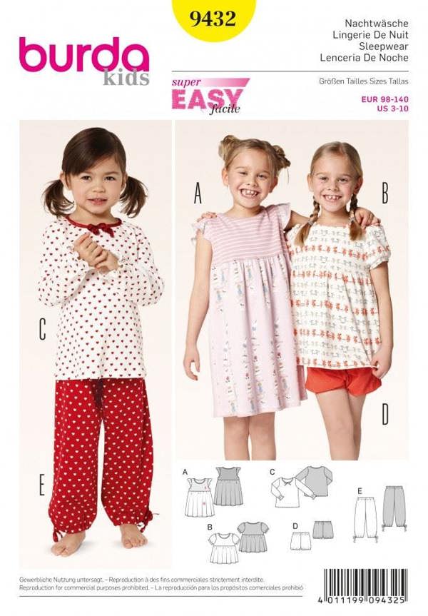 Burda Sewing Pattern 9432 Dresses, Trousers, Pyjamas, Shorts and Tops For Kids, 3-10 Years - Beginner, Easy
