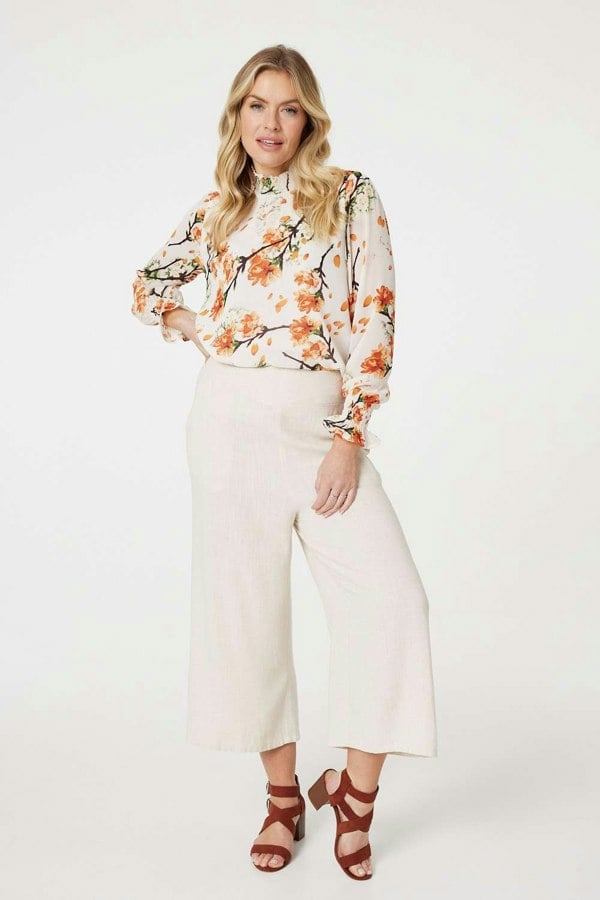 Orange | Floral Shirred High Neck Blouse