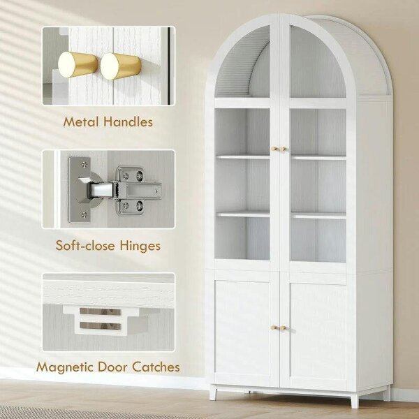 180cm Tall Kitchen Cupboard, Storage Cabinet with Adjustable Shelves, Acrylic Doors for Living Room, Dining Room, White