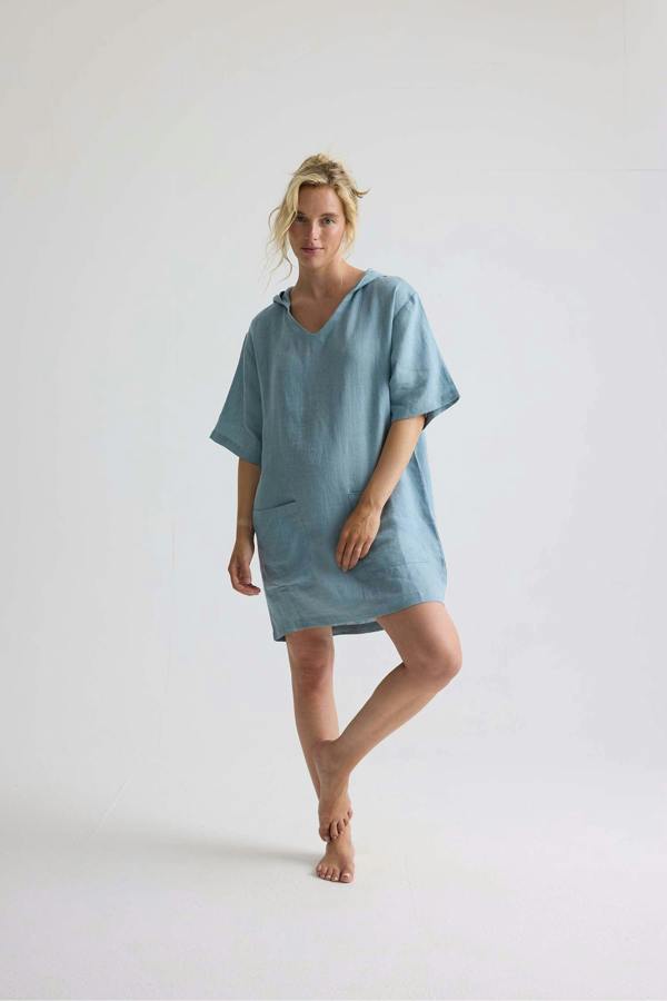 Pretty You London Relaxed Linen Hooded Tunic In Blue Haze