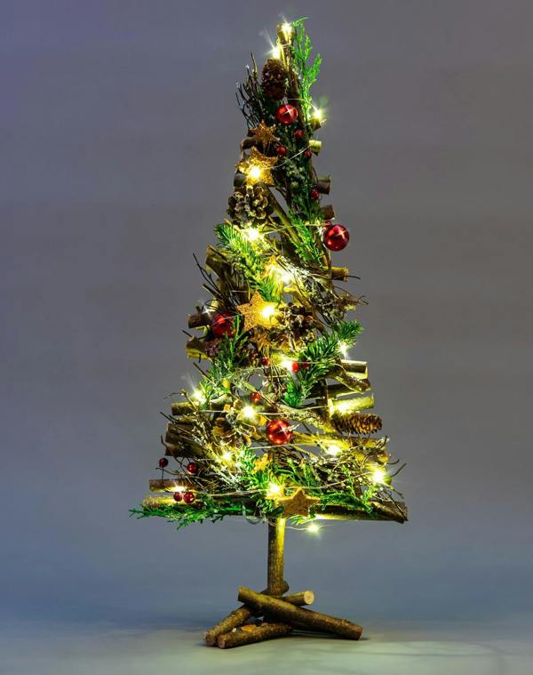 5cm Battery Operated LED Twig Wood Tree with Warm White Lights, Red Baubles and Rustic Festive Details image 5