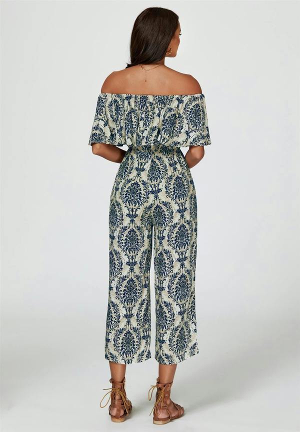 FS Collection Off The Shoulder Print Frill Jumpsuit In Navy
