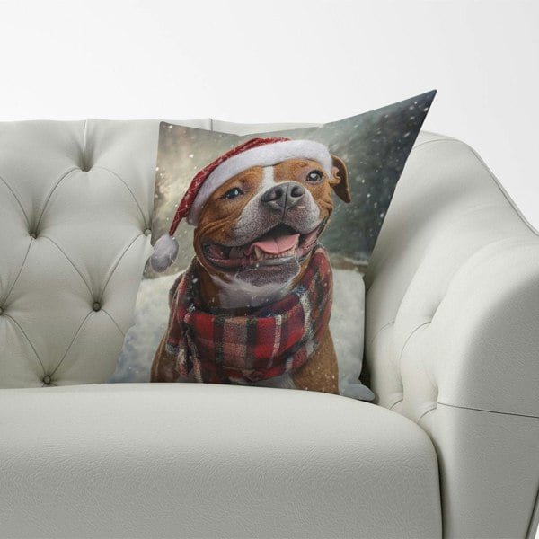 Warren Reed Snowy Christmas Staffordshire Bull Terrier Cushion