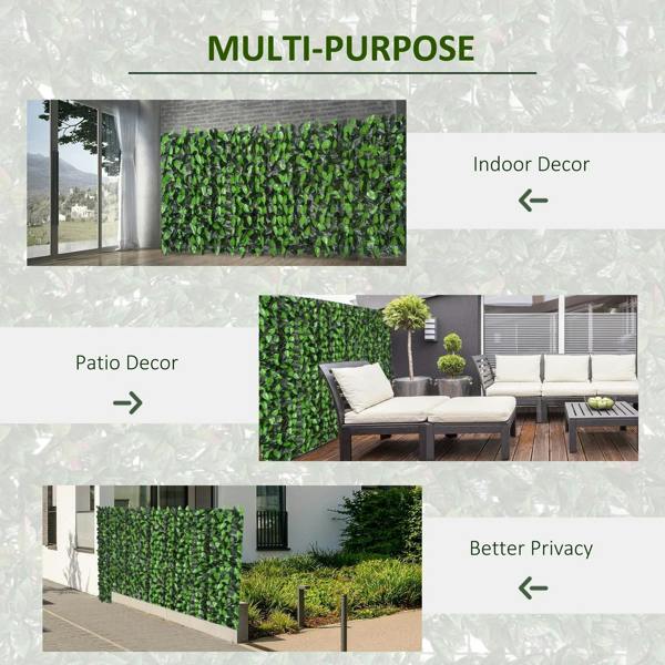Artificial leaf hedge screen privacy fence panel in green, shown indoors and outdoors