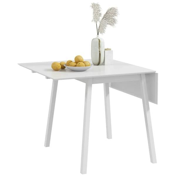White fully expanded rectangular folding dining table with drop leaves and four legs