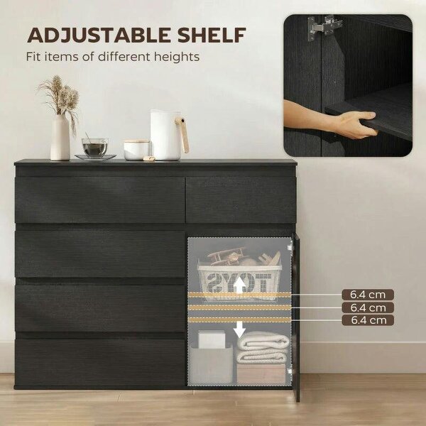 Modern Chest Of Drawers, 5 Drawer Dresser with Adjustable Shelf, Soft-Close Door, Black