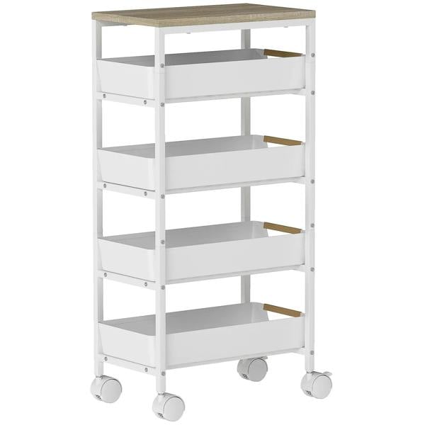White 5-tier storage trolley with wheels, open shelves and grey shelf inserts.