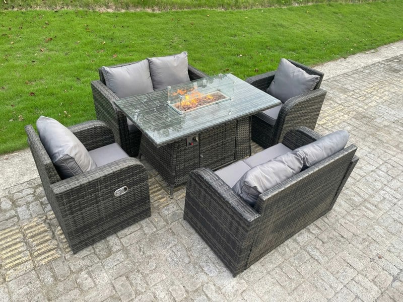 Fimous Rattan Outdoor Furniture Gas Fire Pit Rectangle Dining Table Gas Heater Adjustable Reclining Chairs Love Sofa Sets 6 Seater