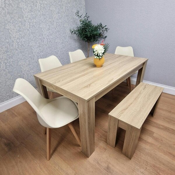Kosy Koala Oak Effect Dining Table Set With 4 Cream Plastic Chairs And Bench Dining Room Furniture