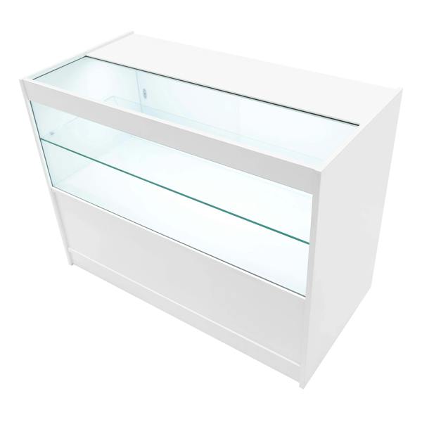 Sleek white Eclipse LED shop counter set with glass display shelves, featuring a modern design and ample storage space