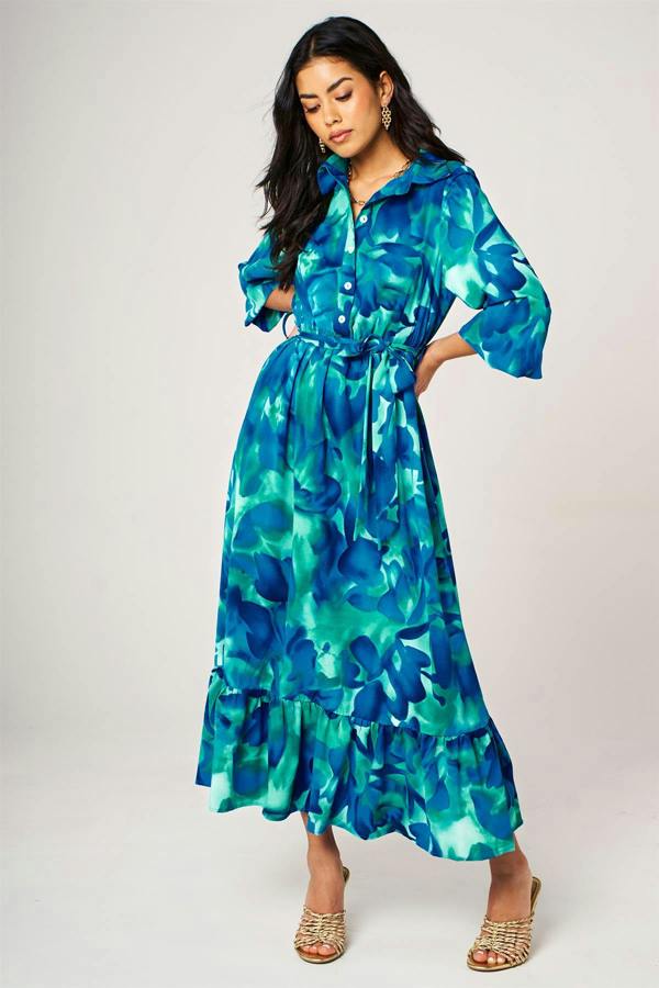FS Collection Abstract Floral Print Hem Detail Shirt Midi Dress With Tie Waist In Blue