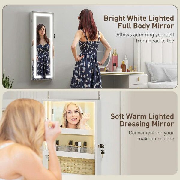LED Mirror Jewellery Cabinet, Wall Mounted Full Length Mirror with Storage, Lockable Jewellery Organiser, White