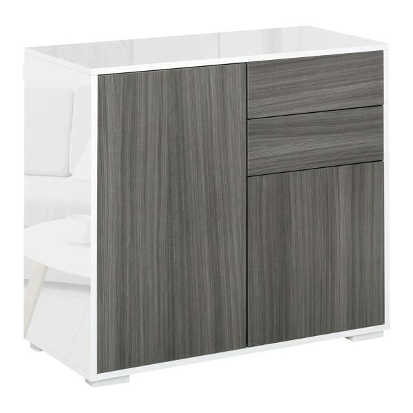 Grey sideboard cabinet with high-gloss top, 2 door cabinets, and 2 drawers
