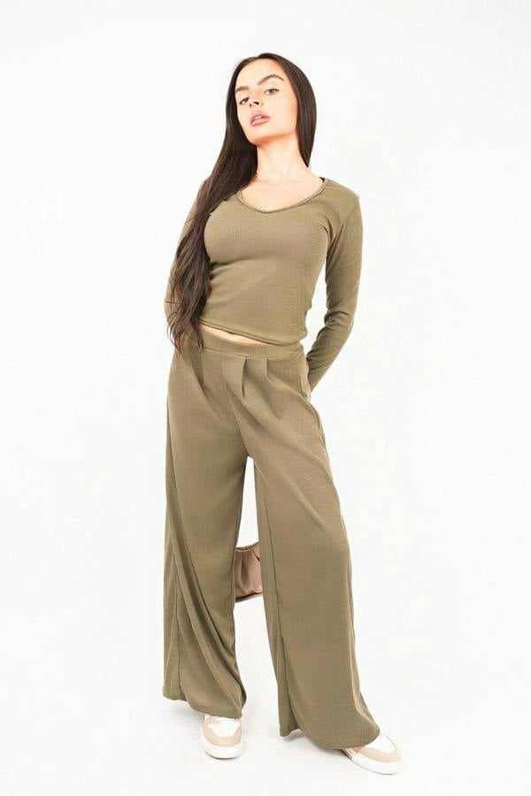ikrush Enaya V Neck Long Sleeve Ribbed Top & Wide Leg Trousers Co-ord Set