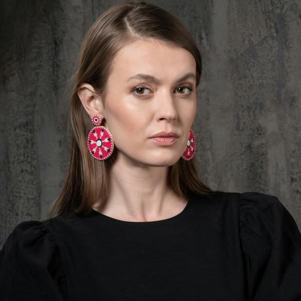 Large Pink Beaded Statement Earrings for Women - namana.london