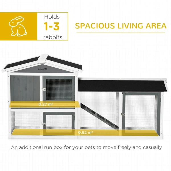 White 2-tier hutch with ramp section and wire-mesh doors, open run area