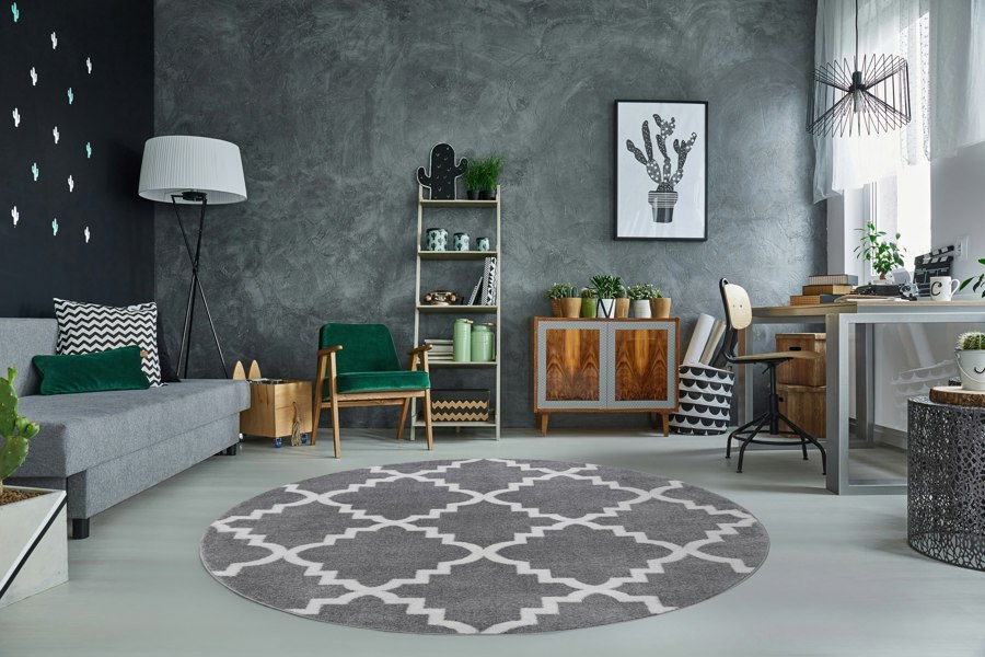 RugsX Sketch Circular Rug - Grey & White Quatrefoil