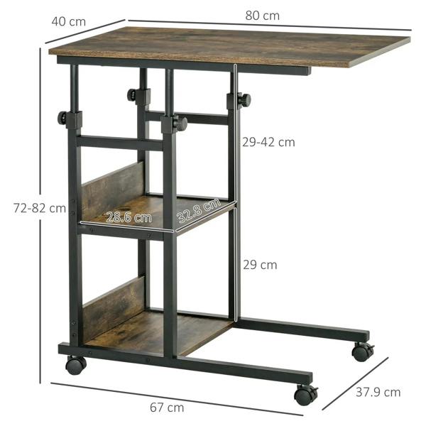 Industrial adjustable-height rolling side table with rustic brown tabletop and three-tier shelves
